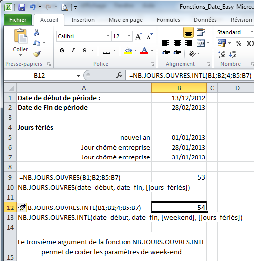 Jours ouvres Excel