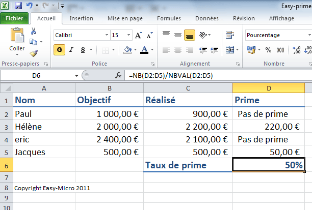 Taux de Prime Excel