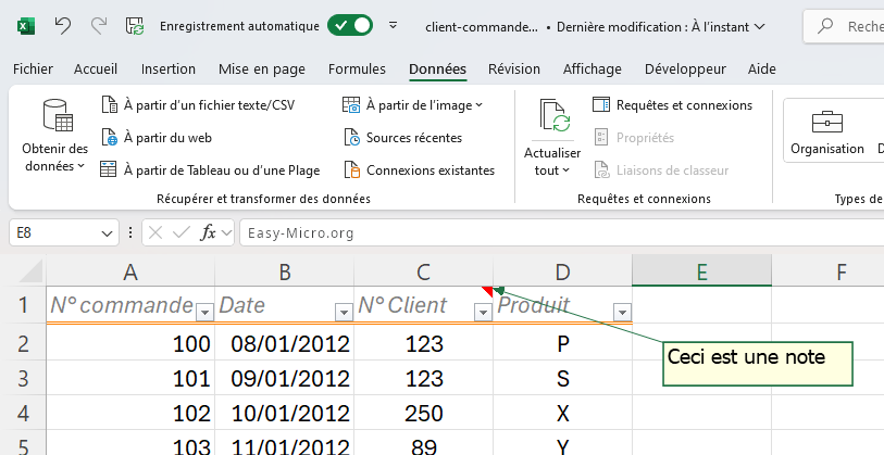 Note Excel