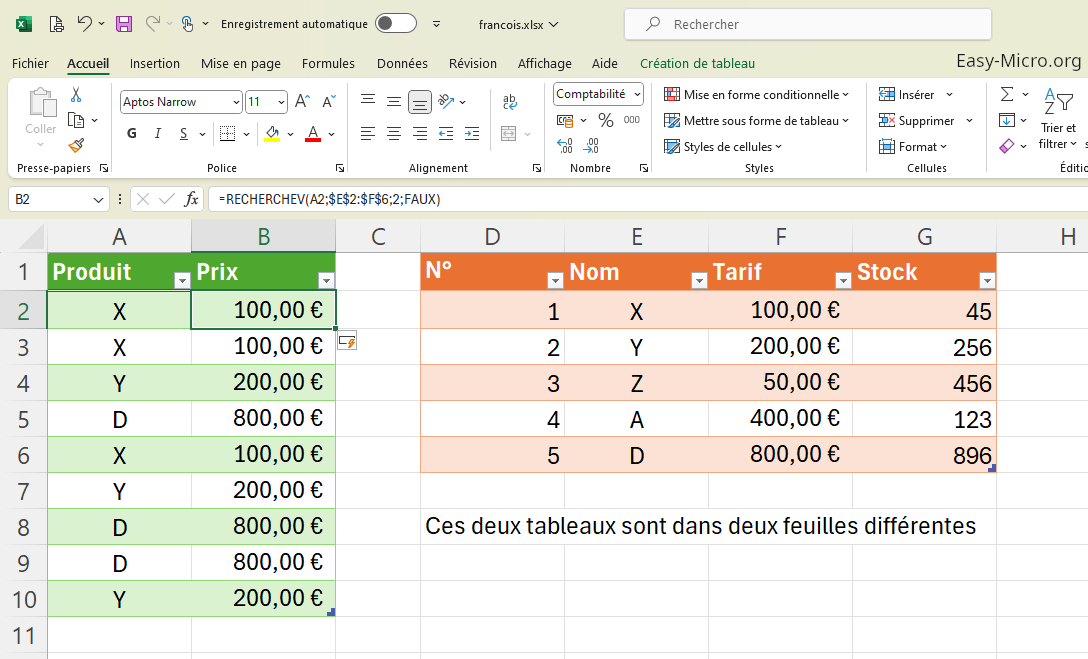 Fonction de recherche dans Excel