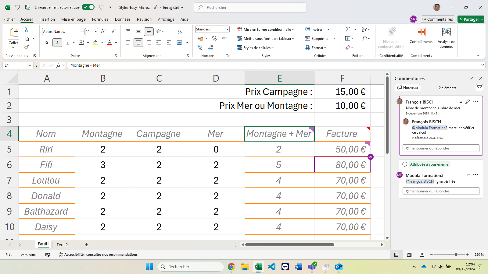Commentaires et tâches dans Excel