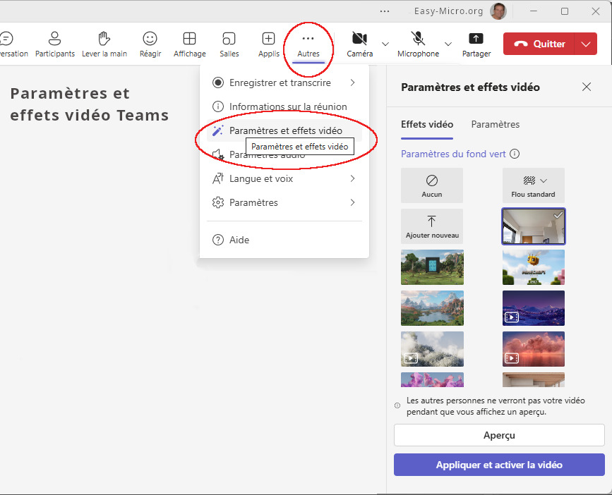 Effets vidéo Teams