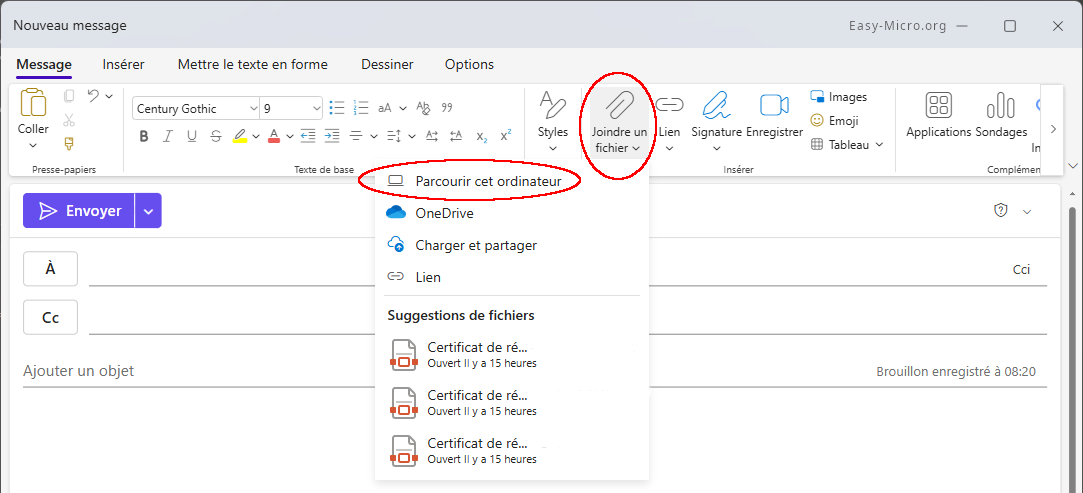 Message Outlook avec fichier joint