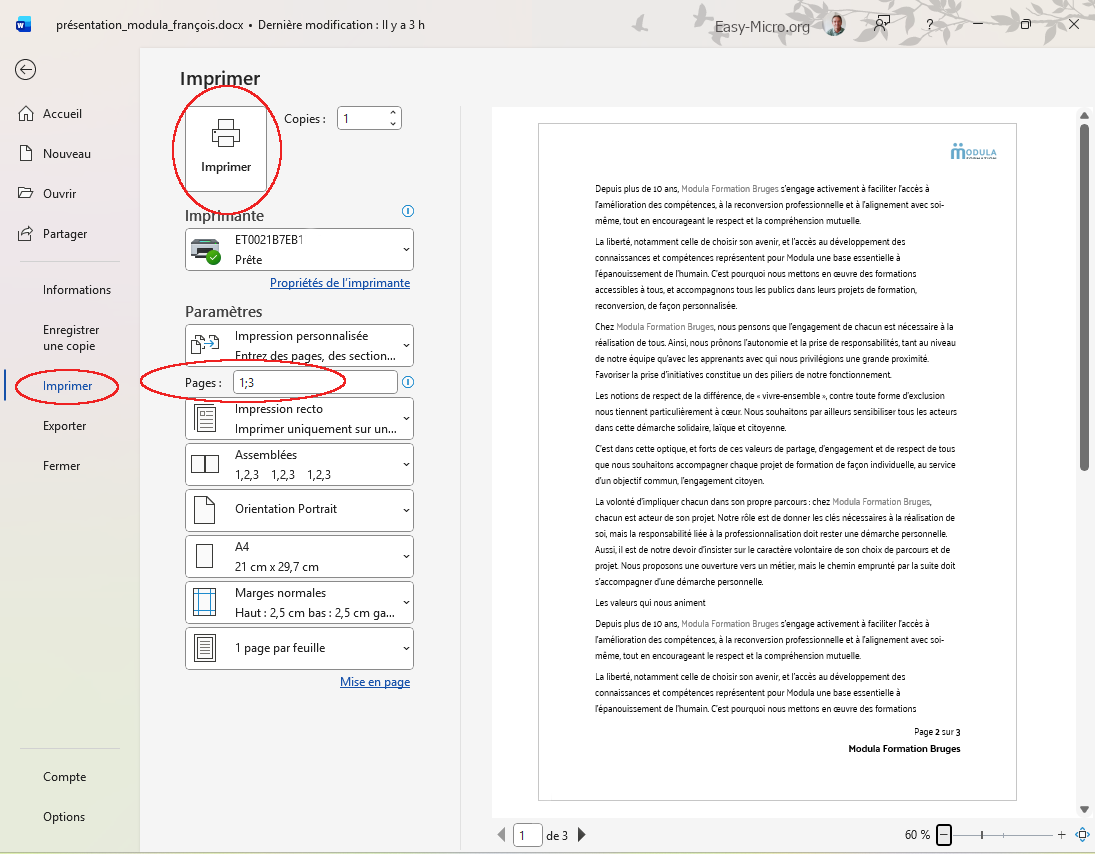 Imprimer un document Word