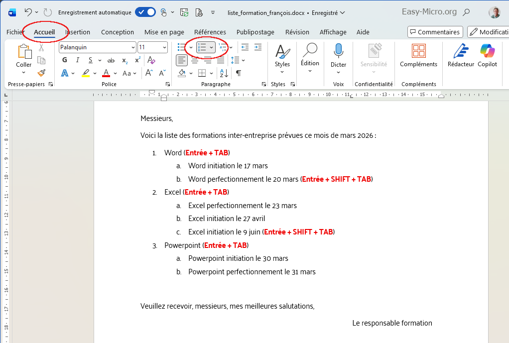 Liste à puce avec Microsoft Word