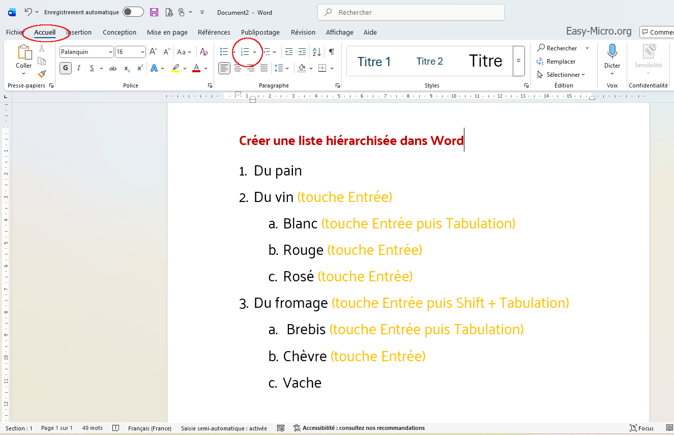 Liste hiérarchisées Word
