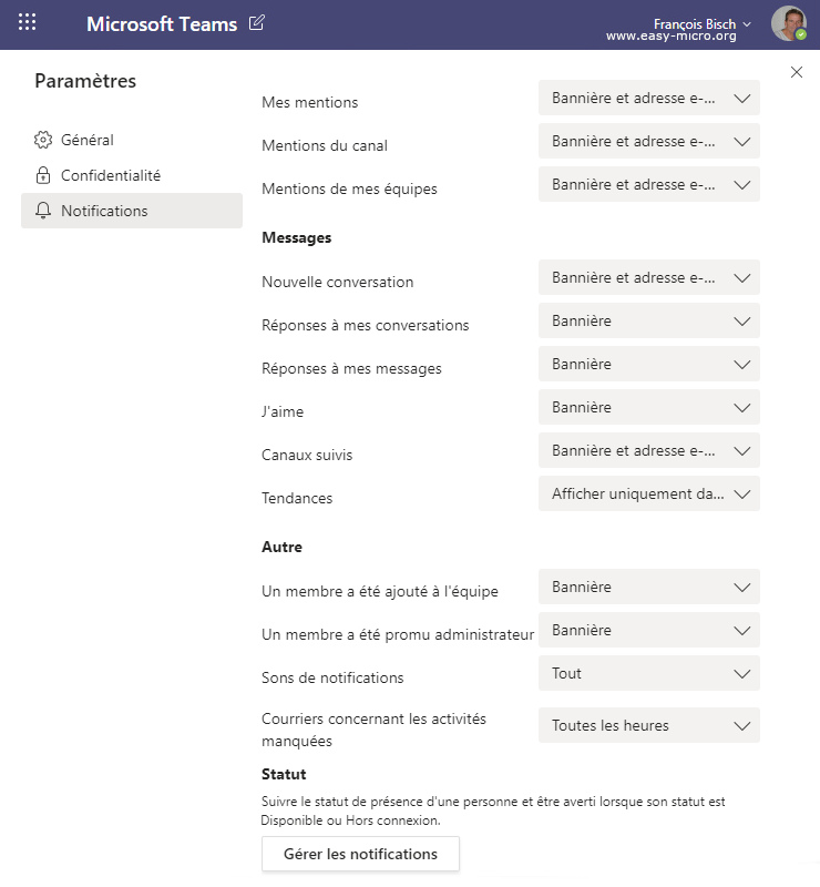 Gestion des notifications du profil utilisateur Teams