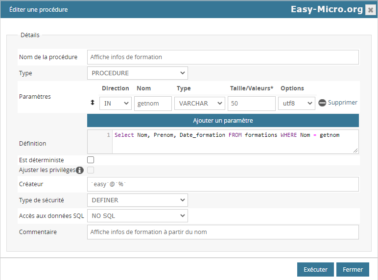 Procédure stockée phpMyAdmin