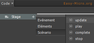 Evènements scénario de l'éditeur de code Edge Animate