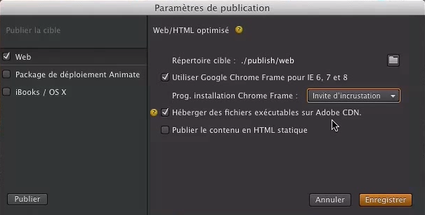 Parametres de publication Edge Animate