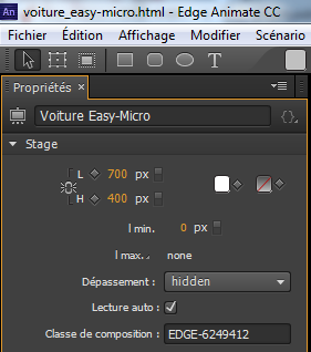 Panneau des proriétés - Edge Animate