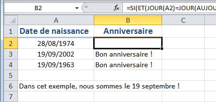 Anniversaire Excel