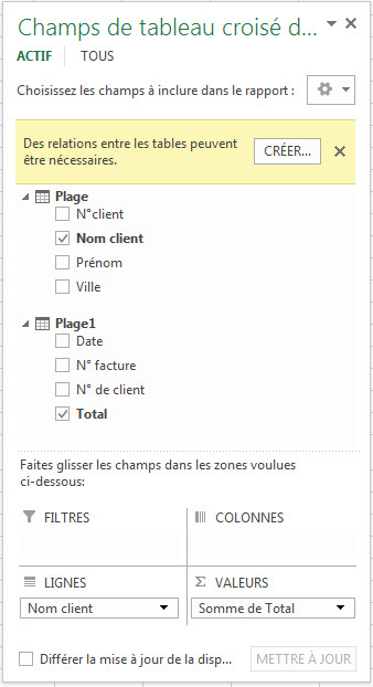 Fenêtre de champs de Rapport Excel