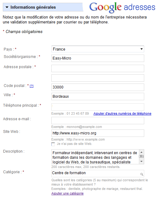 Inscription à Google adresses