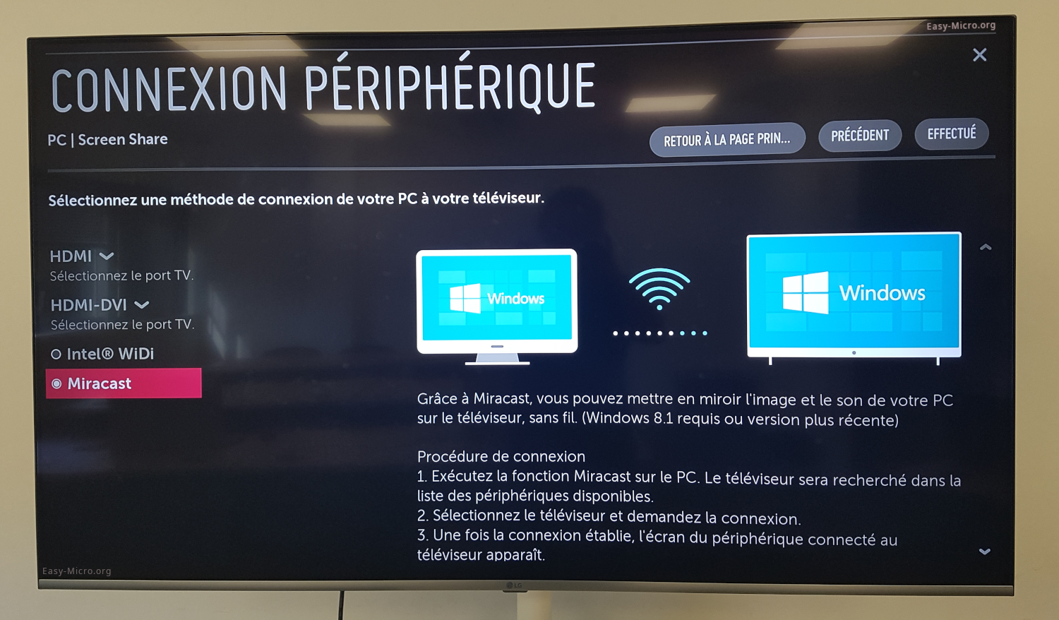 Connexion périphérique Wi-Fi Miracast sur TV LG