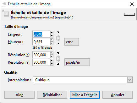 Fenêtre Échelle et taille d'une image GIMP