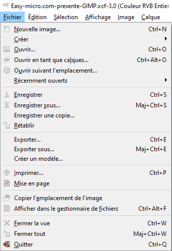 Le menu Fichier de GIMP